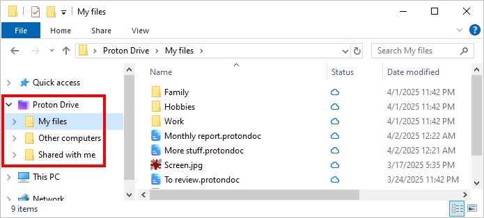 The Proton Drive folders are highlighted in the Windows File Explorer