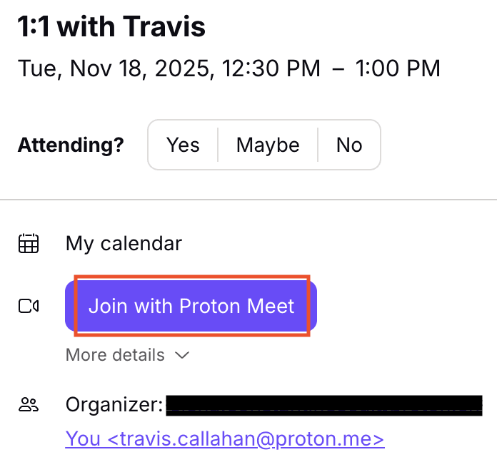 How to join a Proton Meet meeting from Proton Calendar