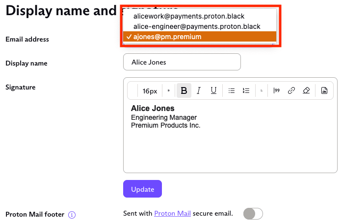 Dropdown menu to choose an email address to customize its signature