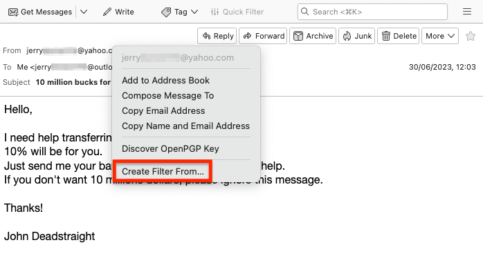 Create Filter From option to create a filter to block emails using Thunderbird