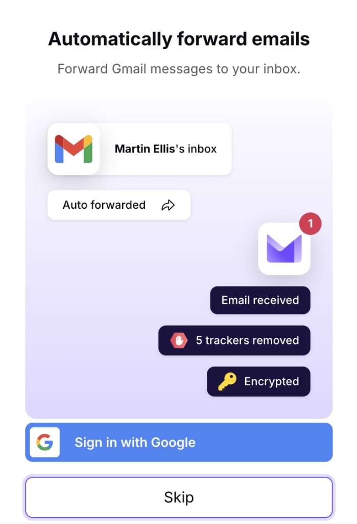 Ein Formular, um E-Mails von Gmail automatisch weiterzuleiten, nachdem du ein kostenloses Proton Mail-Konto ohne Telefonnummernüberprüfung erstellt hast.