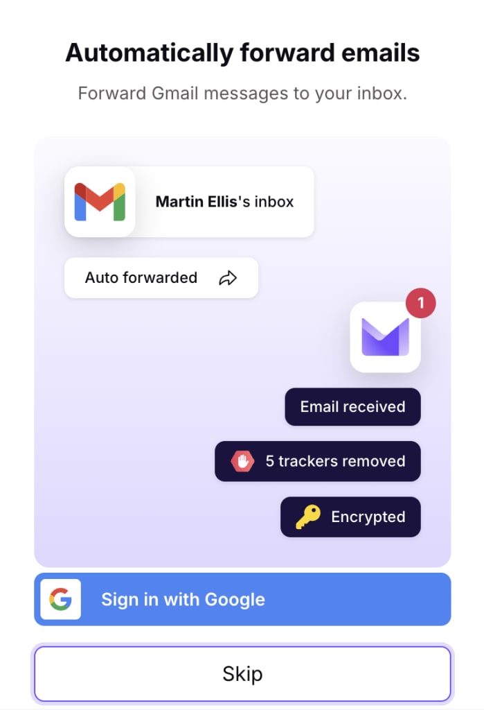 A form to automatically forward emails from Gmail after you create a free Proton Mail account without phone number verification.