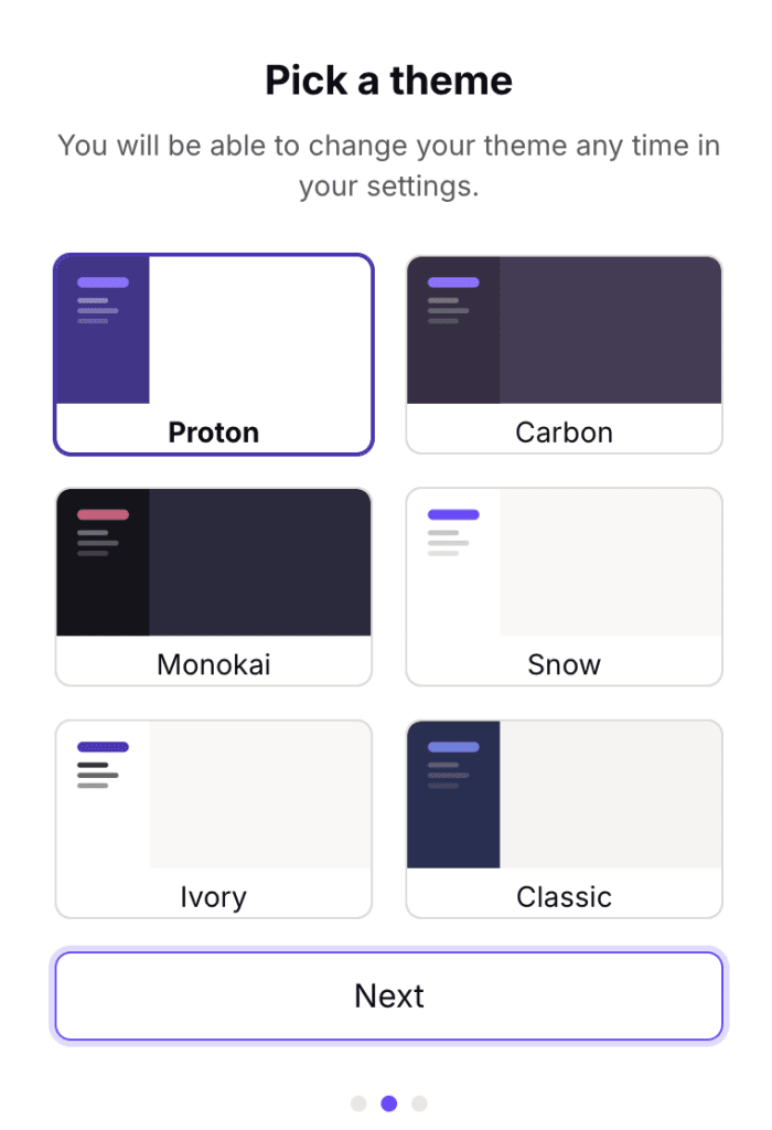 Un formulaire pour choisir un thème lorsque vous créez un compte de messagerie Proton Mail gratuit sans vérification par numéro de téléphone.