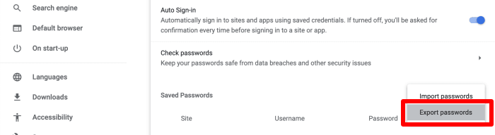 Export passwords