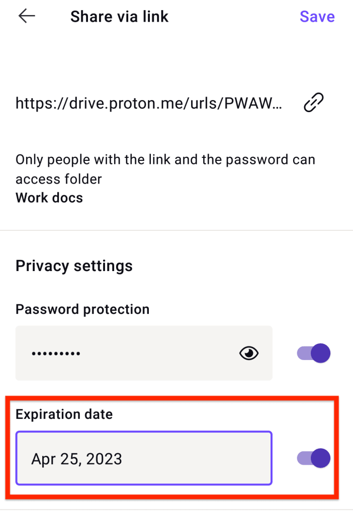 Option to set an expiration date for a file-sharing link in the Proton Drive app for Android