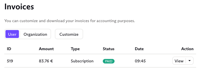Invoices section in the Proton Mail Dashboard