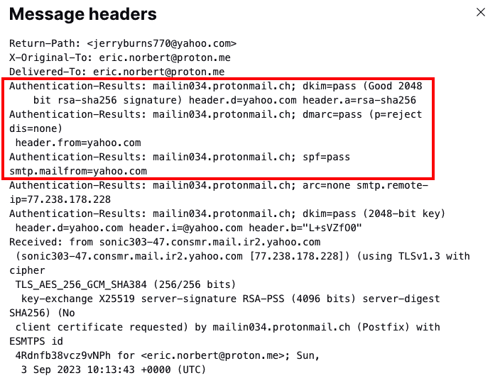 Email header showing the Authentication-Results field