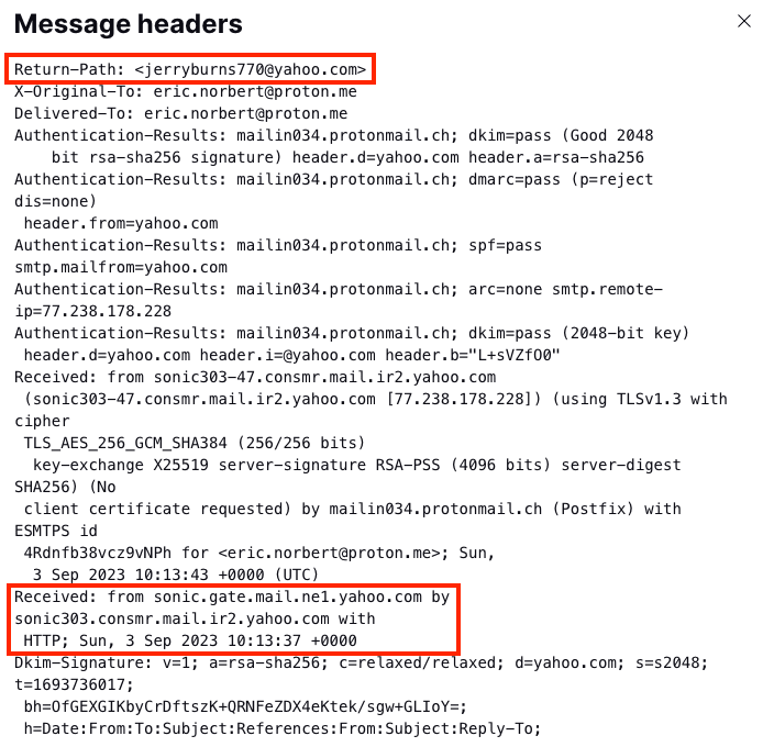 Email header showing the SMTP server address base domain in the Received field matching the Return-Path address