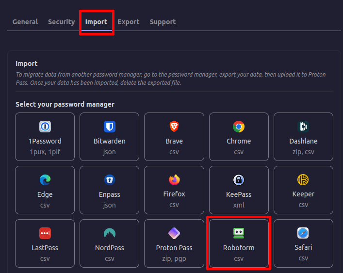 Import Roboform passwords Proton Pass