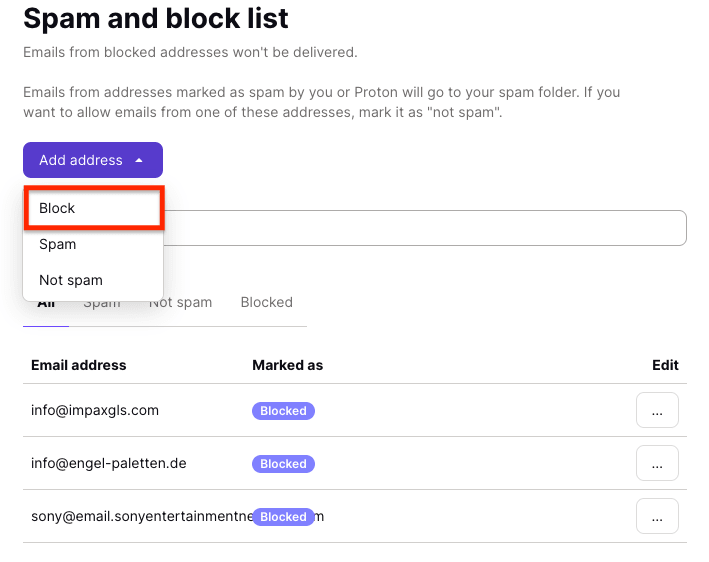 Block option in the Add address dropdown menu