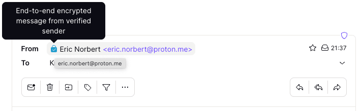 Simbolo di lucchetto con segno di spunta che indica che è un messaggio crittografato end-to-end da un mittente verificato in Proton Mail