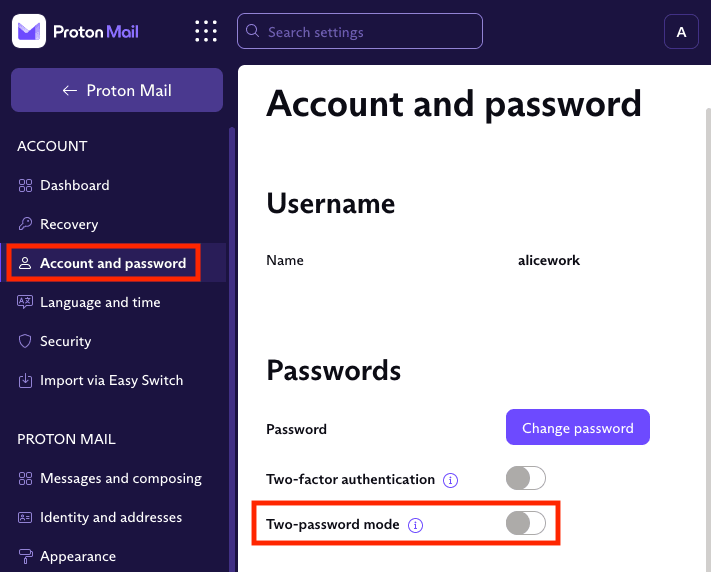 Switch to turn two-password mode on and off