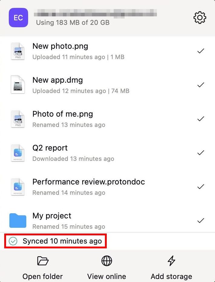 Proton Drive for macOS shows the time since last sync