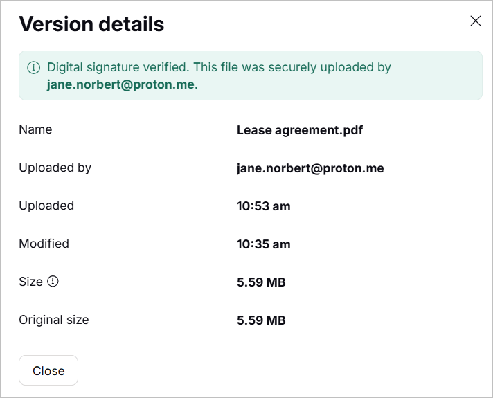 Proton Drive shows file version details
