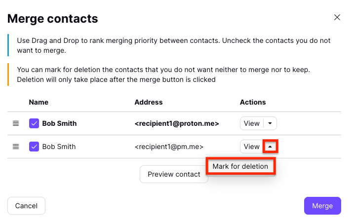 Option to mark specific email addresses for deletion when merging duplicate contacts