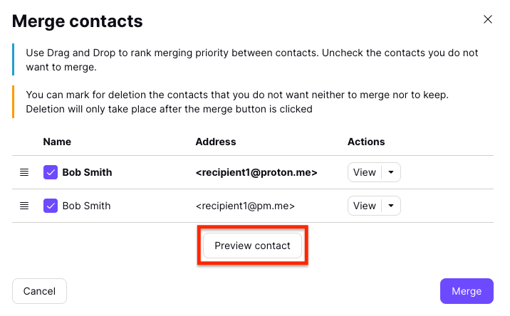 Preview contact button in Proton Contacts to preview how contacts will be merged before you merge them