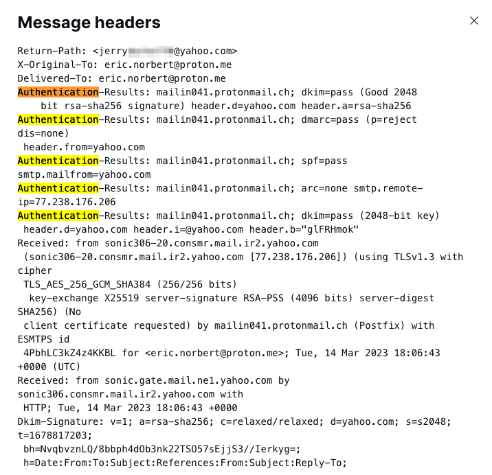 Email header showing the word Authentication highlighted to find Authentication-Results fields in the header