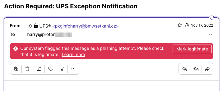 Bannière Proton Mail signalant le message comme étant une tentative de phishing (hameçonnage), les pièces jointes pouvant donc être dangereuses.