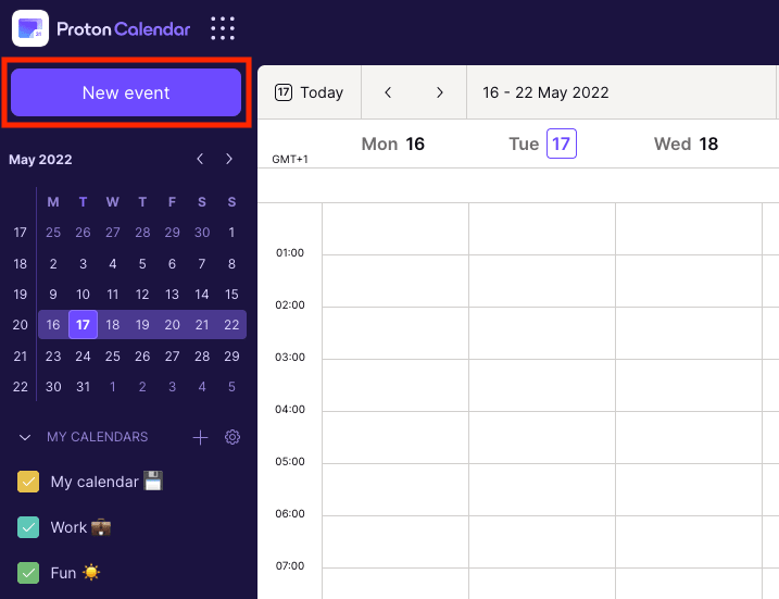 New event button in Proton Calendar