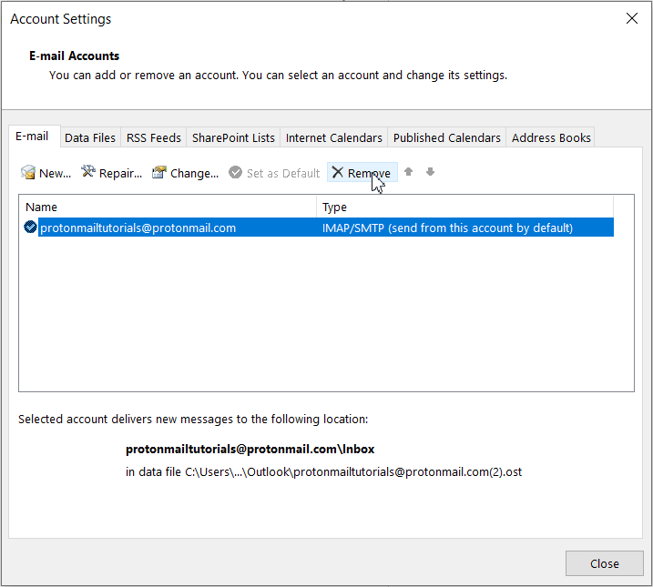 Screenshot of Account Settings in Outlook for Windows.