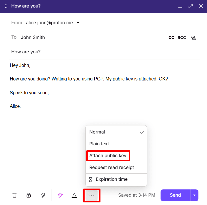 Button to attach your public key to an email