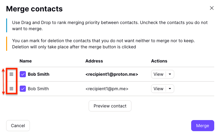 Merge contacts window showing handles to rearrange the priority of contacts to be merged
