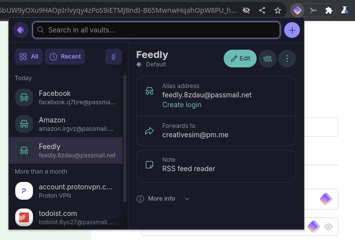 View your hide-my-email aliases in the Proton Pass browser extensions, mobile apps, and Windows app.