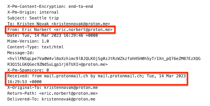 Email header showing the From and Received fields with known trusted domain names