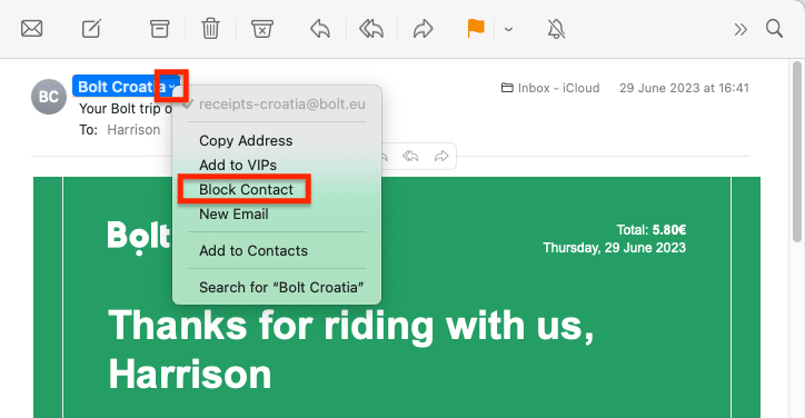 Block Contact option on Apple Mail for Mac