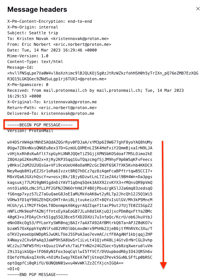 Proton Mail email header showing PGP-encrypted ciphertext