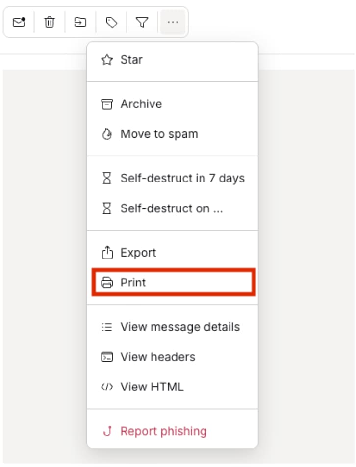 Screenshot of the same Proton Mail message options menu, with the toolbar icons visible above it, and "Print" highlighted in a red box instead of "Export."