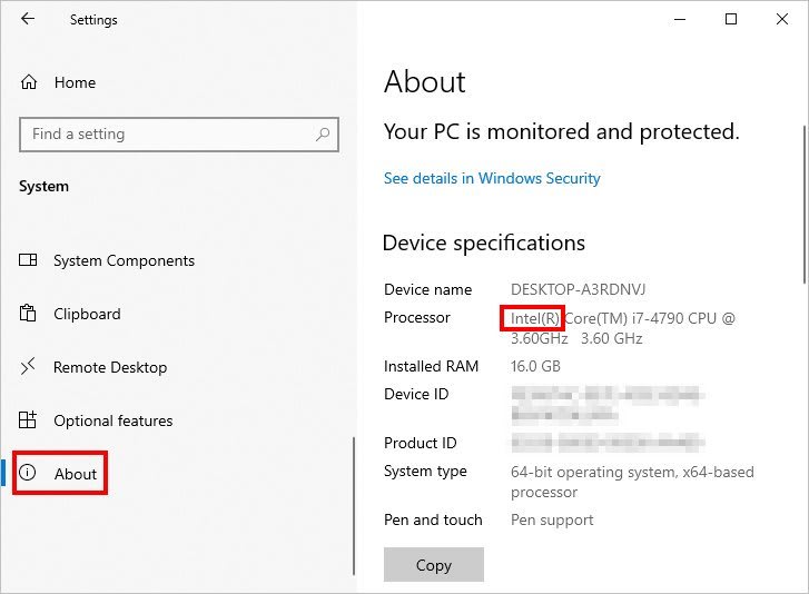 The Windows About page in Settings, highlighting the processor type