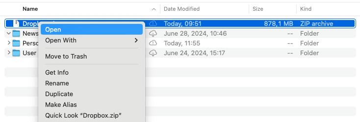 A screenshot displaying a zipped Dropbox file being opened in the Proton Drive desktop app