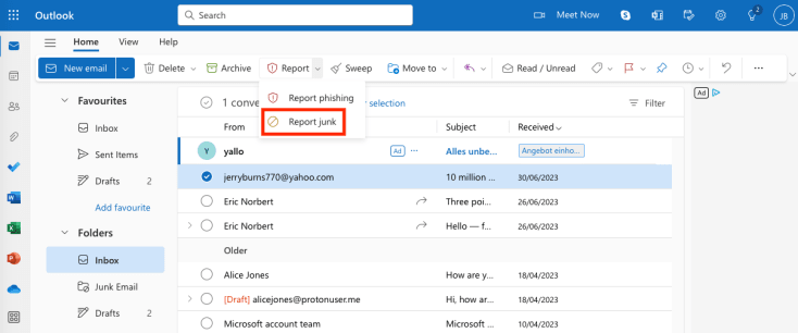 Report junk option to to stop spam emails in Outlook