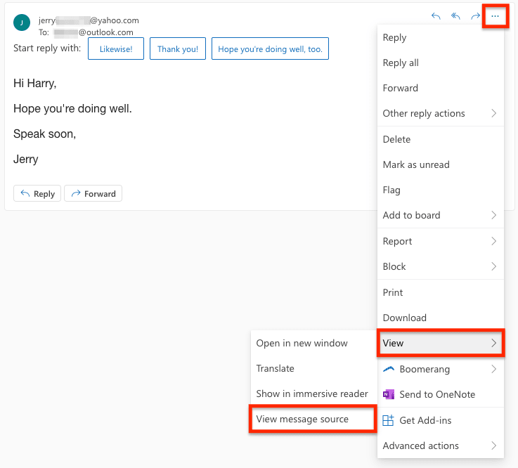 Opzione Mostra origine messaggio per visualizzare le intestazioni email in Outlook