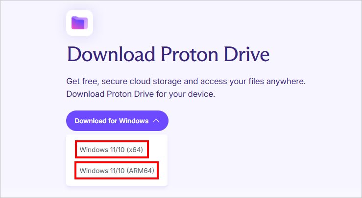 The Proton Drive download page highlighting the Intel/AMD and ARM64 options
