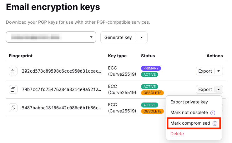 Mark private key as compromised option