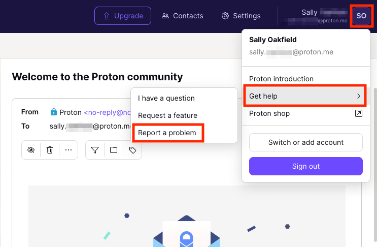 Report a problem option in the Get help menu