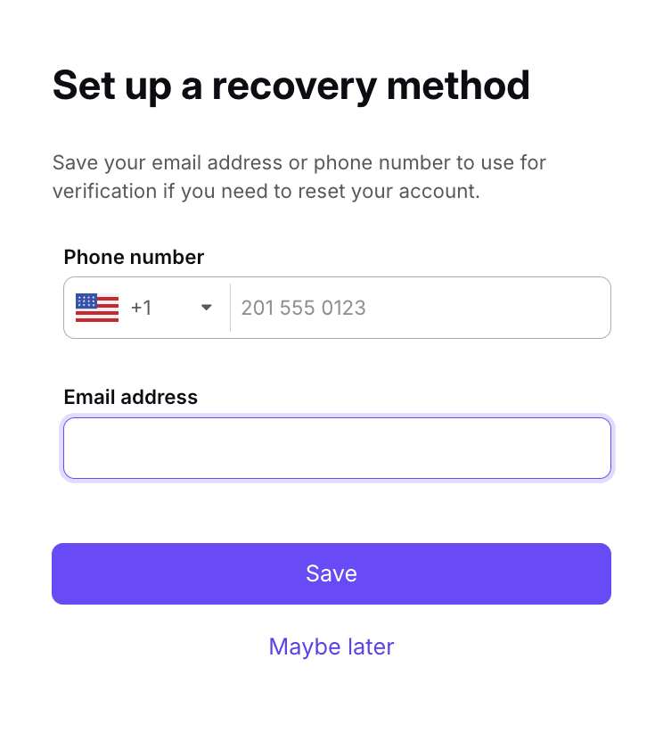 Um formulário de método de recuperação para criar uma conta de e-mail gratuita do Proton Mail sem verificação de número de telefone.