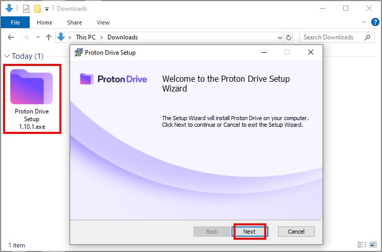 Proton Drive is shown downloaded in the Windows File Explorer. The Proton Drive setup wizard is also displayed.