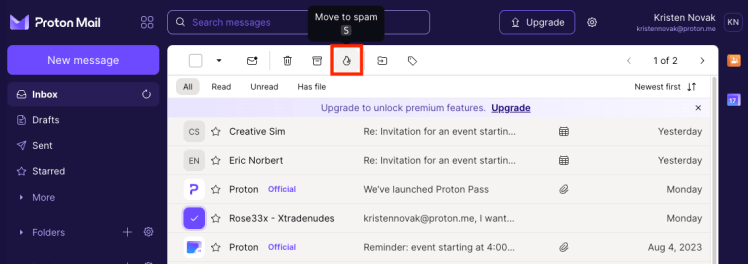 Icône Déplacer vers le spam pour arrêter les spams dans Proton Mail