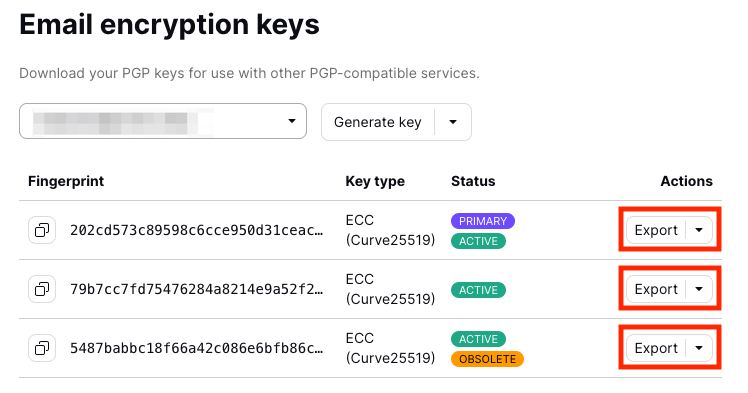 Email encryption keys export button