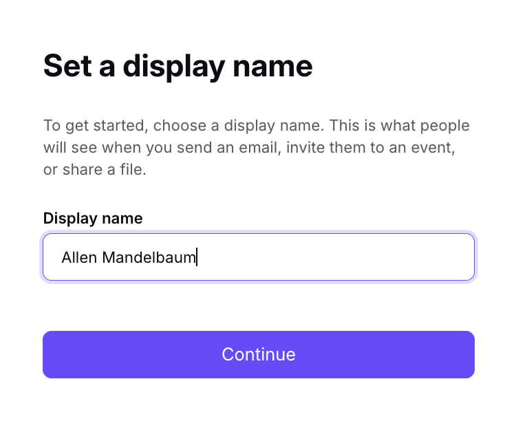A display name form to create a free Proton Mail email account without phone number verification.