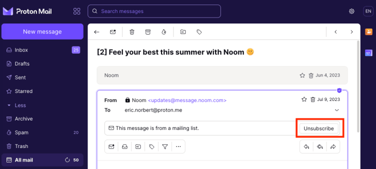 Unsubscribe button in Proton Mail to stop receiving spam emails