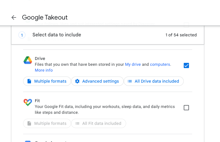 A screenshot of Google Drive inside Google Takeout