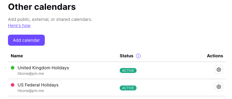 Other calendars list showing the external calendar you're subscribed to.