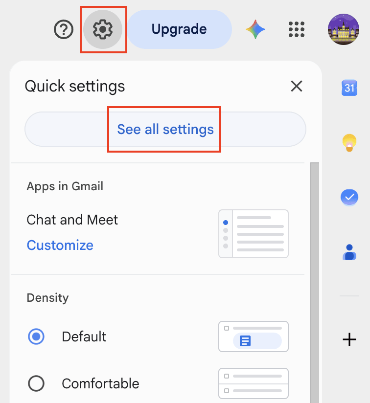 Gmail account on web shows how to access settings