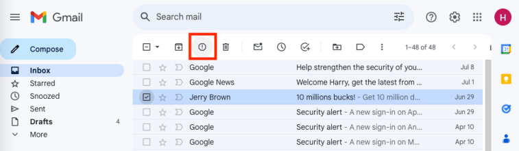 Bouton Signaler comme spam dans Gmail pour arrêter les e-mails indésirables