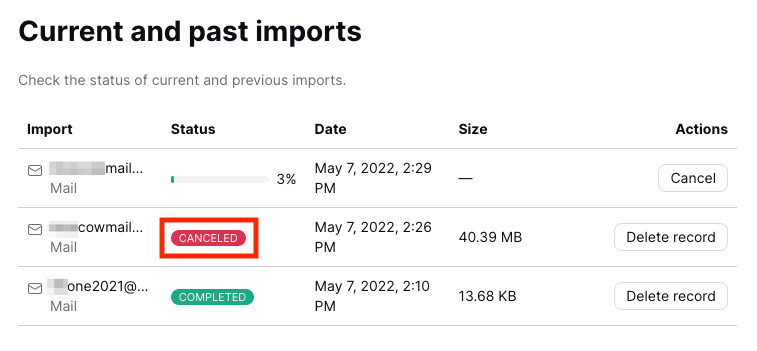 Status indicator showing Easy Switch import canceled