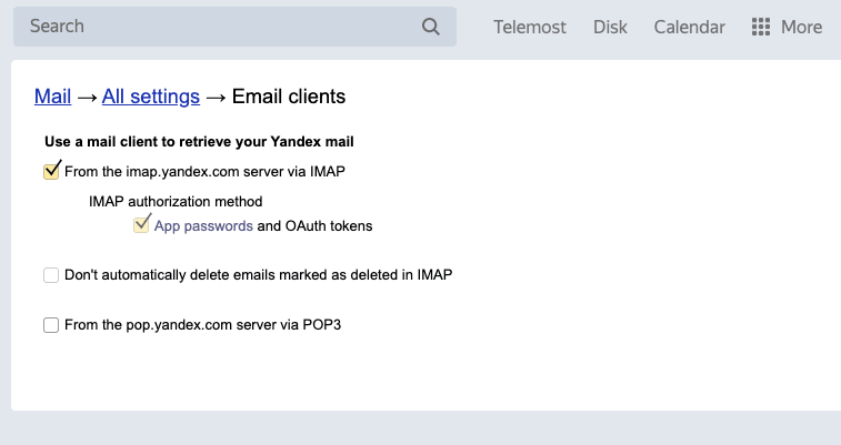 Yandex settings import